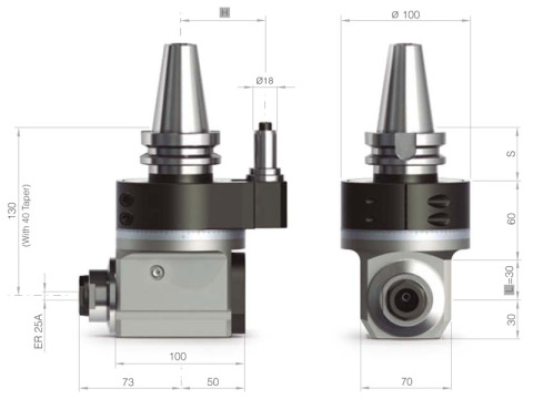 Right-angle milling head with dimensions